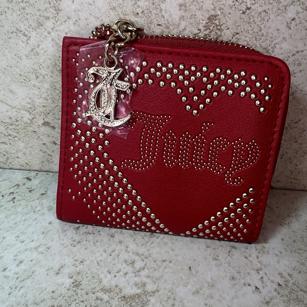 JUICY COUTURE Lovely Day Wallet Red Studded Zip‎ Around Coin Bifold EUC 7 Cards